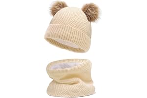 JFAN Sombrero de Invierno Bufanda para Niños Gorro de Punto para Bebés y Niños Pequeños Gorro de Invierno con Color Puro Sombrero de Doble Pompón para Niñas y Niños