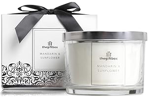 THEGIFTBOX Mandarin and Sunflower Large Scented Candle Gift, Complete with a Shiny Lid, Gift Box Ribbon. Scented Candles Make for Women, Great Gifts for Her or Perfect Women’s Gifts.