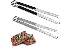 Dzmuero Bbq Tongs, Kitchen Tongs, Cooking Tongs, 2 PCS Food Grade Stainless Steel Tongs Set with Easy Grip Handle, Non-slip, Heat Resistant, 30 and 22.5 CM (Black, Gray)