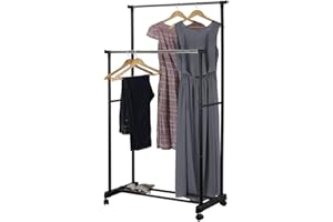 Kedia Portant à vêtements réglable - L 84-150 x P 42 x H 108-170 cm - avec 4 Roulettes 2 Rails d'accrochage - Montage facile, Gris argenté et noir