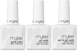 Mylee Nail Gel Polish Coat Trio Set - Matte & No Wipe Top Coats + Base Coat, 3x10ml - UV/LED Soak-Off Nail Art Manicure Pedicure Salon & Home Use - Long Lasting, Easy to Apply, No Chips