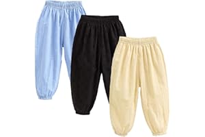 FAIRYRAIN 3 Pack of Kinder Mädchen Jungen Sommer Baumwoll Drucken Leinenhose Pumphose Elastische Lässige Anti-Moskito Jogginghose Lässige Pants Hose
