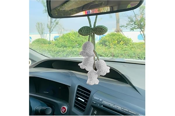 JNNJ Rétroviseur De Voiture Accessoire à Suspendre, Crochet Campanule Voiture Pendentif Ornement, Accessoires Décoration Voiture Tricotés à La Main, Breloque de Voiture pour Les Femmes(Blanc)