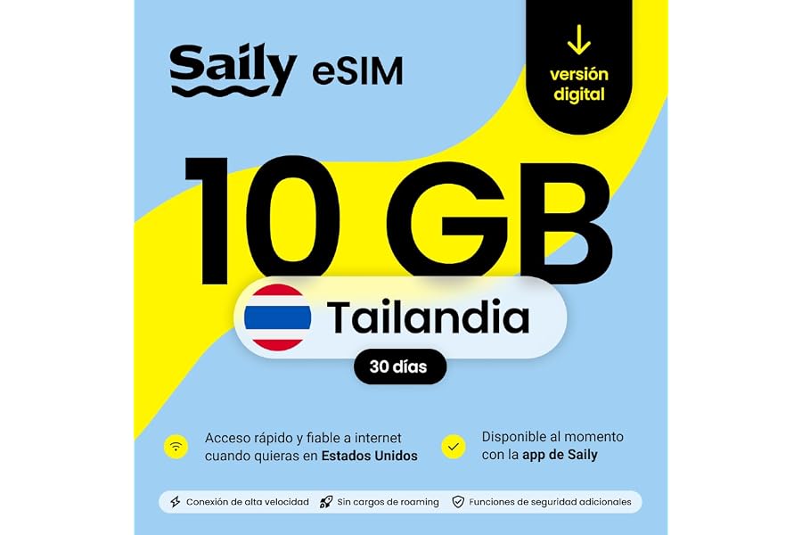 Plan de datos eSIM de Saily para Tailandia, 10 GB/30 días, funciones de seguridad, código digital │ Tailandia