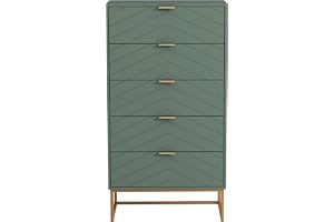 UEV Byrå med 5 lådor, skåp, trä med tippskydd, metallfot, highboard, sideboard, smalt byrå, sidoskåp för vardagsrum, sovrum