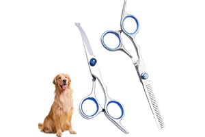 Menibeuty Curvas y Tijeras Entresacar, 2 Piezas Tijeras Peluqueria Canina Tijera Punta Redonda en Acero Inoxidable, Profesional Tijera para Cortar Pelo de Perro para Perros y Gatos (Azul)
