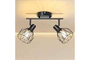 KYOTECH - Lámpara de techo LED con 2 focos giratorios y orientables, retro de metal, color negro, jaula focos de techo, aplique de pared, color negro, casquillo E14, foco para cocina, dormitorio, sin