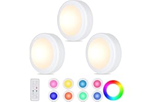 WUYOR LED Schrankbeleuchtung Unterbauleuchte Kabellos, RGB Spots Batterie Dimmbare mit Fernbedienung 16 Farben, Timer, LED vitrinenbeleuchtung mit Batterie, 3 Stück, Weiß