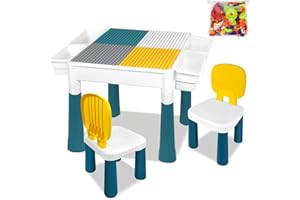TRMLBE Table avec 2 chaises pour Enfants Ensemble de Meubles Table de Jeu Table de Blocs de Construction multifonctionnelle avec Espace de Rangement et Blocs de Construction Table d'activités