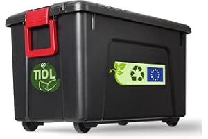 Iris Ohyama, Caja de almacenaje grande de plástico, 110L, Caja de garaje, Negra, Apilable, Cierres a presión robustos con asas, SIA-110