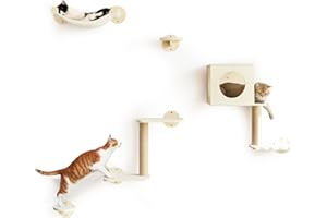 FUKUMARU Półki ścienne dla kotów, 5-częściowy zestaw wspinaczkowy dla kotów, stabilne drewniane platformy, hamak, domek dla dzieci, schody i drapak zintegrowany - nowoczesny design beżowy