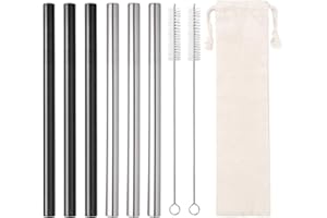 YXHZVON Słomki do picia ze stali nierdzewnej, wielokrotnego użytku, 6 sztuk słomek do herbaty Bubble Tea, ekstra szerokie, do koktajli mlecznych, smoothie, Boba i Bubble Tea (czarne i srebrne)