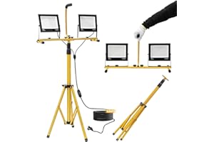 Yofuly 200W Projecteur LED sur Trépieds, 15,000LM Lampe de Chantier avec Trépied Télescopique en Métal Réglable, Lampes de Travail à LED Étanche IP66, Câble 3M pour garage, jardin, industriel