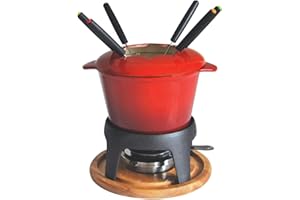 Baumalu, Service à Fondue en Fonte Émaillée Rouge Dégradé, 21 x 21 x 21 cm, pour 6 personnes, avec Plateau en Bois, Idéal pour vos Repas en Famille ou entre Amis