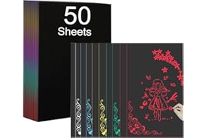 Creatorally 50 Feuilles Papier a Gratter, Carte a Scratch Art A4 Enfants, Magique 5 Couleurs pour la Gravure au Laser Paper Avec Stylet pour Croquis Dessin Cadeau D'anniversaire Noë