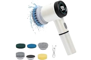 AENXWA Elektrische Reinigungsbürste,Spin Scrubber für Bad,Schnurlose Reinigungsbürste mit 5 Reinigungsköpfen,3 einstellbare Geschwindigkeiten,LED-Display-Reinigungsbürste,für Bad,Küche,Küchengeräte und Auto