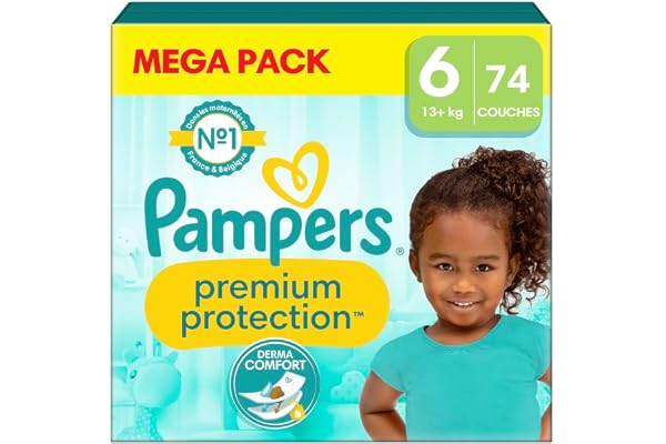 Pampers Premium Protection Taille 6, Couches x74, 13Kg+, Notre N°1 pour le Confort et la Protection des Peaux Sensibles