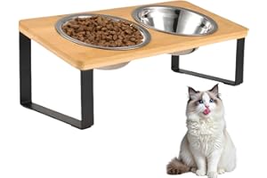 XINXINPHI Comedero Gato Elevado con Soporte Bambú & Antideslizante Alfombrilla, Cuencos Perro 250ml Acero Inoxidable Dos, Soporte Madera Inclinado 15º, Comederos para Gatos y Perros Pequeños