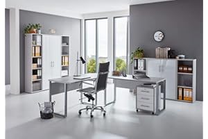 BMG-Moebel.de Büromöbel komplett Set Arbeitszimmer Office Edition in Lichtgrau/Weiß Hochglanz (Set 5)