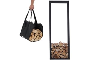 Lendo Online Kaminholzregal + Tragetasche - Innen & Außen - Feuerholzregal - Kaminholzständer - Brennholzregal - Schwarz - Metall (50x25x148cm)