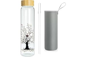 Ferexer Szklana butelka na napoje, 1 l, butelka na wodę, z bambusową pokrywką, 1 litr (drzewo 1 l, 1000 ml)