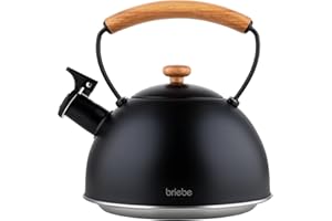 briebe Nordic Bouilloire Induction Sifflante, Retro, Acier Inoxydable, 2,3 L, Tout Feux: Plaque Vitrocéramique, Gaz, Électrique, Poignée en Bois Cool Touch, Vintage, Pour Thé, Café, Tea Pot, Noir