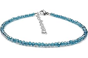 VILDA JEWELLERY Turquoise Blue Glass Bead Anklet with Extension Chain, 3mm Faceted Beads and Heart Shaped Extension Chain, Adjustable Size : 9.5-11.5 inches, Ankle Jewellery for Women