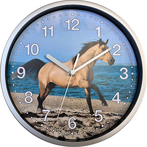 Kinder Wanduhr mit Pferdemotiv, kein Ticken, schleichende Sekunde (geräuscharm) 25 cm 80021