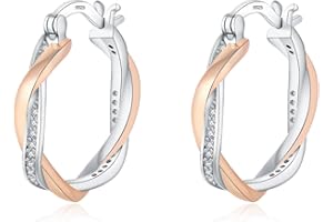 HEEYA Silver Hoop Earrings for Women Girls, Sterling Silver Hoops Sleeper Huggies Earrings, Hypoallergenic Twist Earring Cubic Zirconia Jewellery Gift, Gold/Rose Gold/Blue/Black/Red - 15/20mm