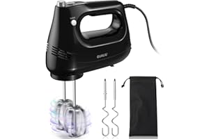 GUALIU Elektrischer Handmixer 300W mit Edelstahl Schneebesen, Knethaken, Elektrische Handrührer,Turbo Boost /5 Geschwindigkeit, Handrührgerät für Backen Kuchen, Eier Sahne Lebensmittel-Mixer (Schwarz)