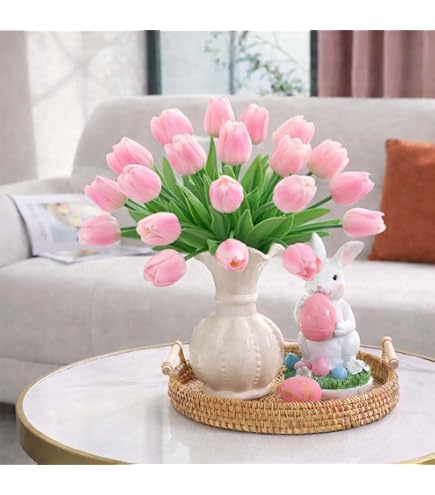 ENOVA FLORAL 20 Tulipani Bianchi Artificiali Al Tocco Reale In Vaso Con Acqua Finta - Composizione Floreale Realistica Per Casa E Matrimoni