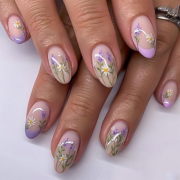 MouyouGlow Press On Nails Kurz, Rund – French-Design Mit Weißen Spitzen & Blumen, Inkl. Kleber