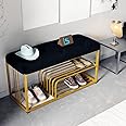 Dence Store End of Bed Bench-Upholstered Entry Shoe Storage with Nailhead Trim,Black Mental Frame Ottoman Bench for Bedroom Entry Window Mudroom Living Room (Black Gold)
