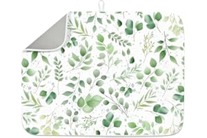 INFUNLY Green Leaf Dish Drying Mat for Kitchen Counter 18"X24" Plant Leave Absorbent Dish Draining Mat Large Modern Heat Resistant Coffee Bar Mat for Table Faucet Sink Coffee Bar Refrigerator