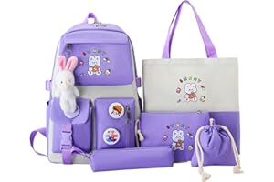 Myyunhx Rucksack für Mädchen Set von 5 Leinwand Schulmädchen Rucksack Kawaii versammelte Rucksack mit Plüsch Kaninchenanhänger und Cartoon Aufkleber Kinder Plüsch Rucksack für Teen Mädchen