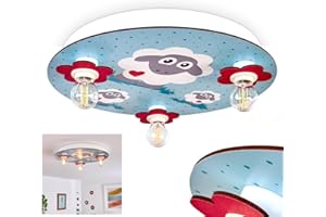 ‎HOFSTEIN Deckenleuchte Brenets, bunte Deckenlampe aus Holz/Metall mit Schaf-Motiv für das Kinderzimmer, 3 x E14, Deckenlampe Schaf (Ø 40 cm), ohne Leuchtmittel