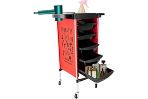 KANGTEN Carrello da parrucchiere, con 5 cassetti estraibili e ruote, pieghevole, per parrucchiere, colore rosso