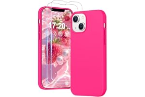 PuyaTeya 3 in 1 Hülle für iPhone 13/14, mit 2 Stück 9H Panzerglas Premium Liquid Silikon Hülle, mit 4-Layer stoßfeste abriebfestes, Soft Mikrofaserfutter für iPhone 13/14 (Neon Pink)