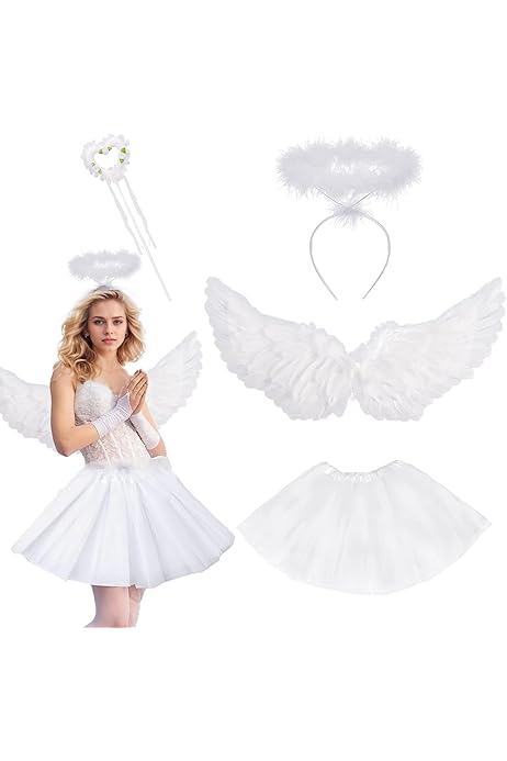 Costume Angelo 3 Pezzi Donna - Con Ali E Gonna Tulle, Taglie 80-130cm, Bianco - Foto 9