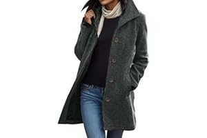 JABIDOOS Wolljacke Damen Warme Lang Herbst Mantel - Locker Trenchcoat Longline Winterjacke Mit Taschen Wollmantel Hemdjacke Wool Coat Einreihig Urlaub Freizeit Damenbekleidung Reisen Damenjacke