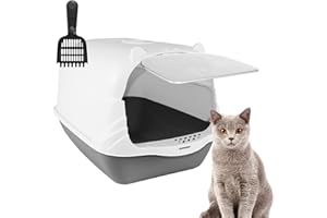 BOWOSE Large Cat Litter Tray Toilet Box, Enclosed Secure Flap Door Lidded Detachable Hood Easy Cleaning, with Charcoal Filter, High Sided Rim Big Extra Spacious, with Cat Litter Scoop, 51 * 37 * 36cm, Grey