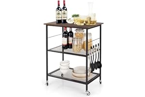 GiantexUK Kitchen Baker's Rack, 3 Tier Serving Cart Microwave Stand with Shelves, Lockable Wheels & 5/10 Hooks, Rolling Storage Trolley for Home Office Living Room(Brown + Black, Lower Mesh Shelves)