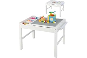 RELAX4LIFE Tavolo da Gioco per Bambini in Legno 80x60x57CM, Tavolo da Costruzione Reversibile con Vassoio a Doppia Faccia, Rotolo di Carta e Carta, 3 Cubi (BIANCO)