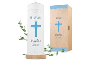 GRAVURZEILE Cierge de baptême en forme de croix avec nom, date et phrase de baptême – Bougie pilier de qualité supérieure 250 x 80 mm – Impression brillante – Cadeau de baptême personnalisé pour