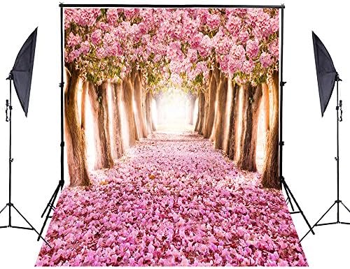 YCNET Photography Backdrop Pink Floral Road and Tree Backdrops Scenery Collapsible Reused Background for Photo Studio 5ftX6.5ft
