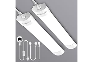 BERIXDEEP LED Batten Lights 2 Pack, Waterproof Plug in Strip Lights with Switch, IP65 Linkable Strip Lights for Garage, Ceiling, Shed, Wall, Workshop, Office, 6500K Daylight, 4FT, 120cm, 36W