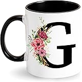 Tazze con Iniziale Tazza da caffè Tazza Personalizzata con Lettere Floreale Tazza in Ceramica Nera Tazza Nome Iniziale Regali