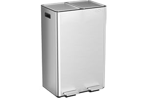 mVm Poubelle de Cuisine,2 x 30 Litres,2 Seaux Amovibles,Acier Inoxydable,2 Compartiments, Poubelle Recyclage Rectangulaire à Pédales, Couvercle à Fermeture Douce, Hermétique,Argent