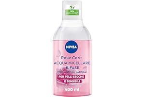 NIVEA Rose Care Acqua Micellare Bifase 400 ml, Struccante viso e occhi con Olio e Acqua di Rose Bio efficace sul trucco waterproof, Detergente viso, occhi e labbra per pelli secche e sensibili