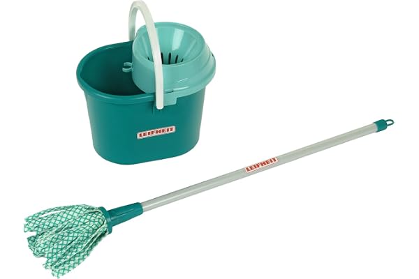 Theo Klein 6558 Leifheit moppset, 3-delars I Inkl. platt mopp med löstagbart mopphuvud I Hink med urvridare I Mått: 14 cm x 50 cm x 14 cm I Leksaker för barn över 3 år